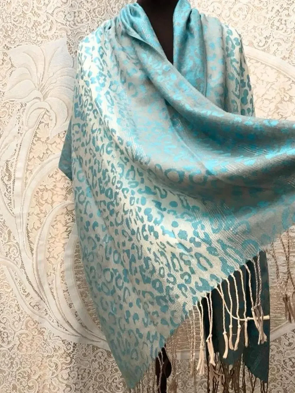 Turquoise Leopard Print Pashmina Shawl Aqua Cheetah Animal Wrap Scarf Fringe